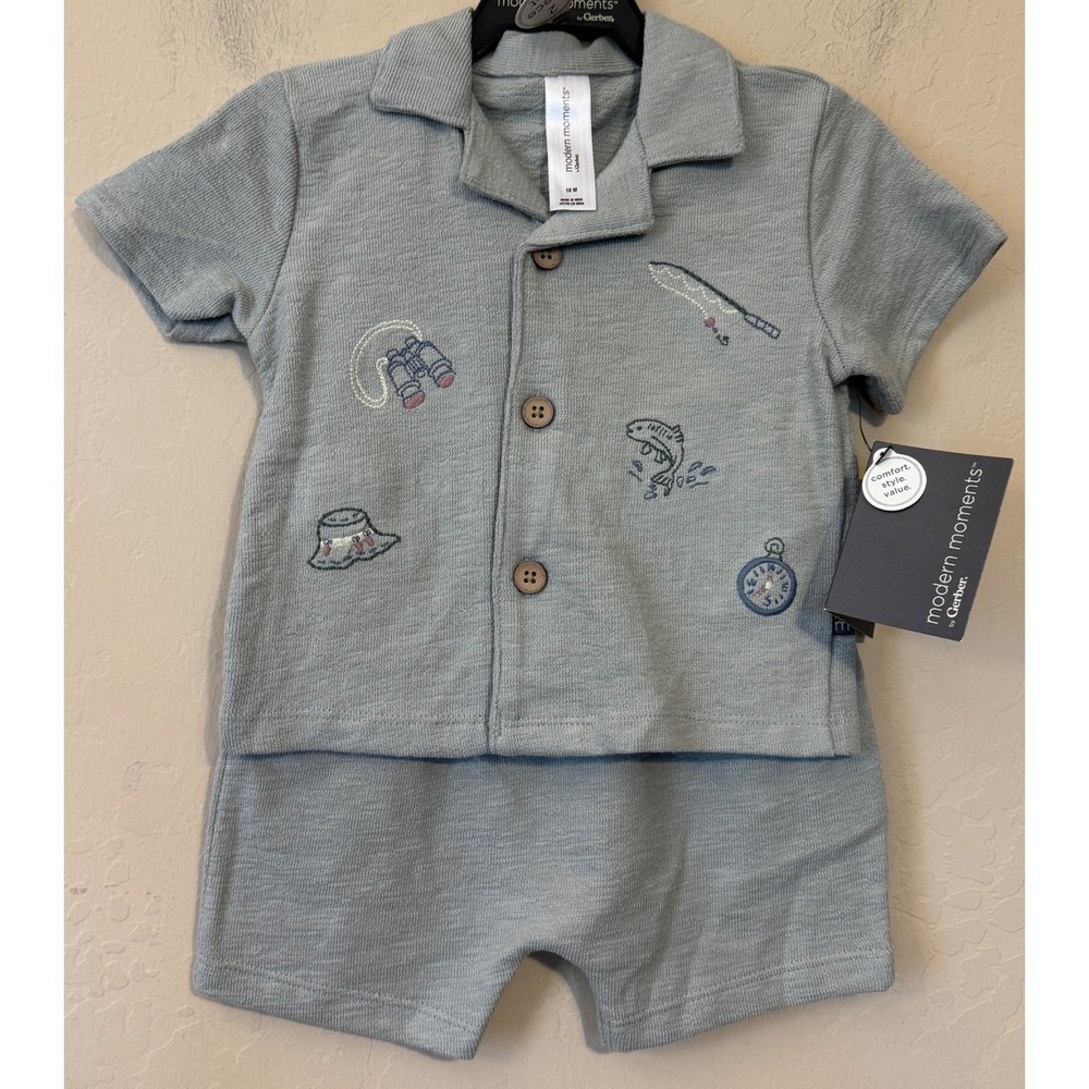 Modern Moments Gerber Short Set Boys 18M Green Fishing Safari Embroider 2pc NEW